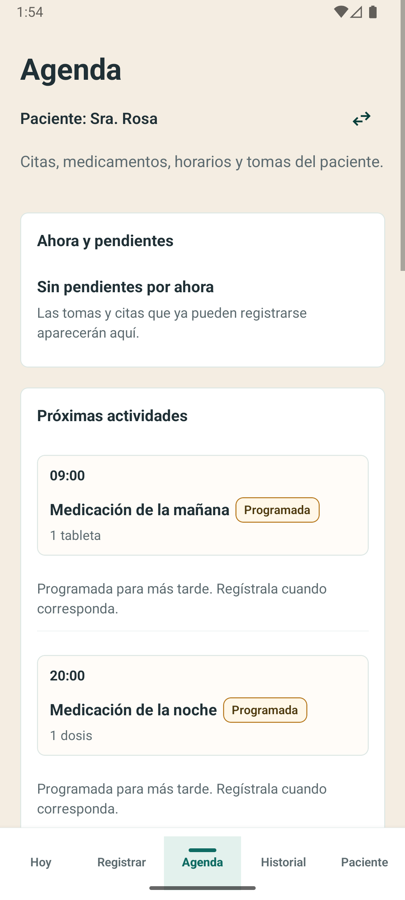 Captura de ejemplo de la pantalla Agenda de Cuida con actividades programadas e información no real.