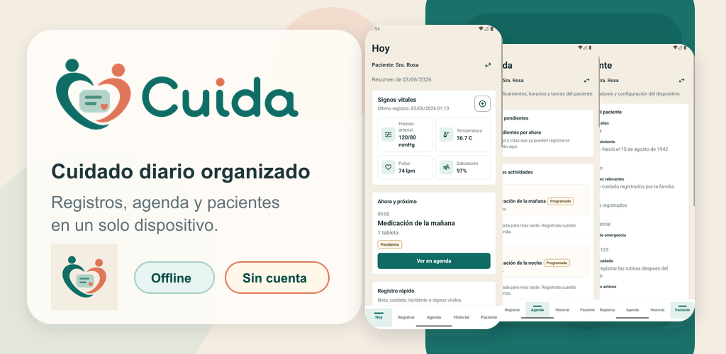 Vista de la identidad de Cuida junto a capturas de las pantallas Hoy, Agenda y Paciente con datos ficticios.