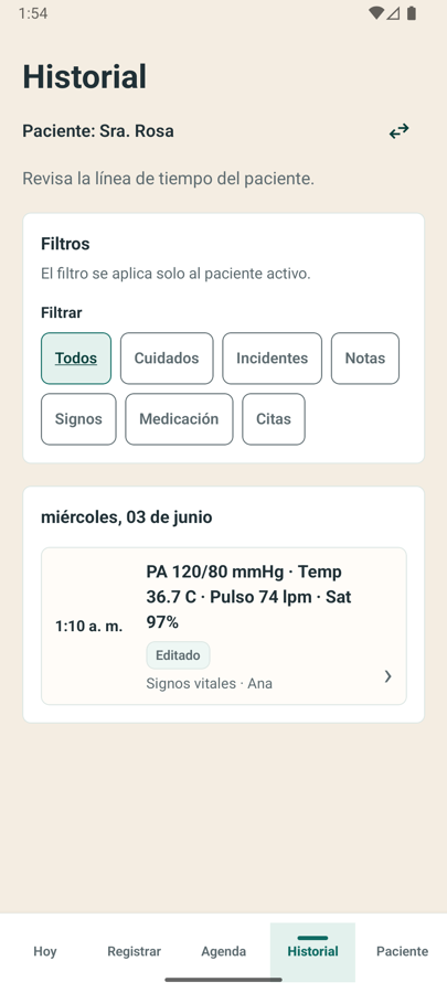 Captura de ejemplo de la pantalla Historial de Cuida con filtro y registro de información no real.