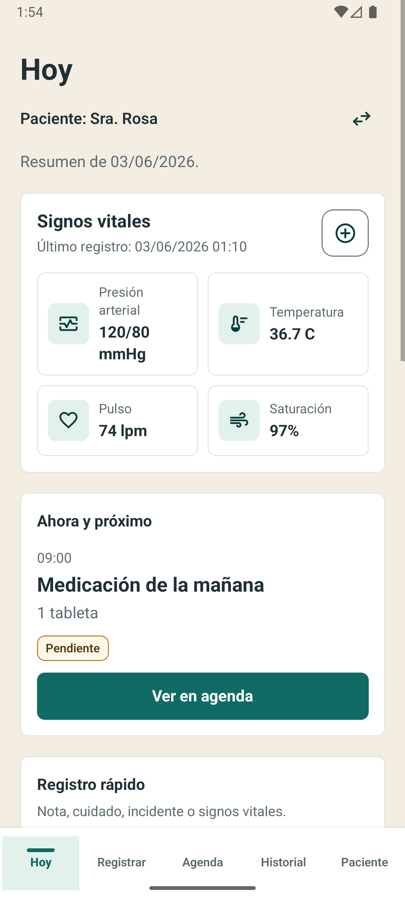 Captura de ejemplo de la pantalla Hoy de Cuida con resumen del día e información no real.