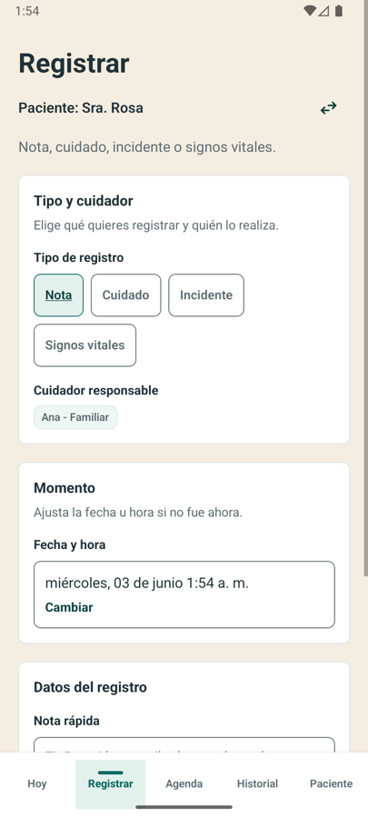 Captura de ejemplo de la pantalla Registrar de Cuida con opciones de registro e información no real.